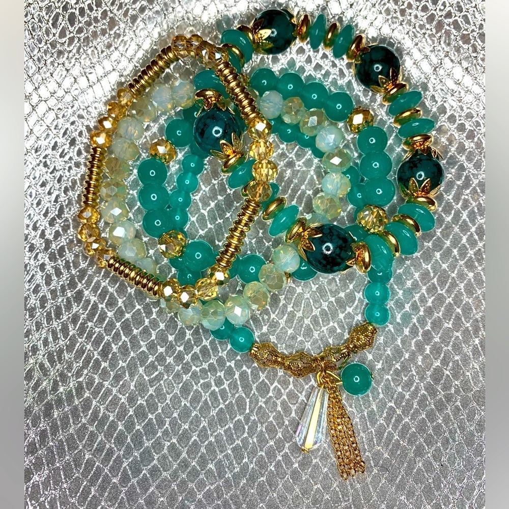 FRIENDSHIP BRACELETS 5 Strands Tan Crystal and Aqua Stone Stretchy TAYLOR SWIFT